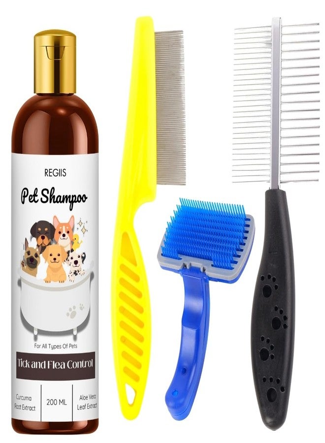 مجموعة ريجيس للعناية بالحيوانات الأليفة مع شامبو لمكافحة القراد والبراغيث، 200 مل، أمشاط مزدوجة الجوانب، فرشاة تنظيف ذاتية للكلاب والقطط (عبوة من 4 قطع) - Image 1